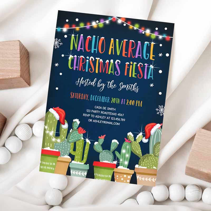 Nacho Average Christmas Fiesta Invitation, Cactus Mexican Holiday Feliz Navidad