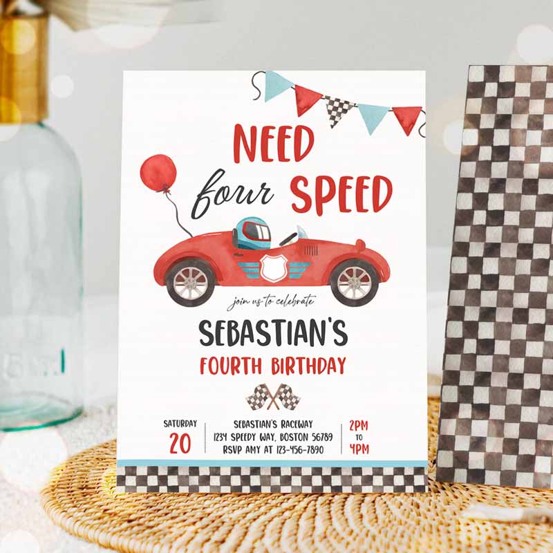 Need Four Speed Race Car Kids Birthday Invitation, Boy Vintage Red Race Car Kids Birthday Party, Need Speed Party