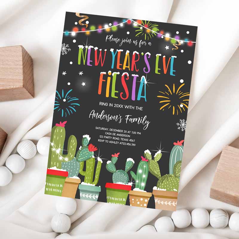 New Years Eve Fiesta Invitation, Cactus Mexican New Years Eve Invite Holiday Party, New Year's