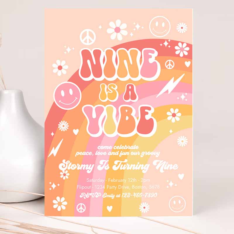 Nine Is A Vibe Groovy Kids Birthday, Peace Love Party, Rainbow Party, Hippie Groovy Kids Birthday