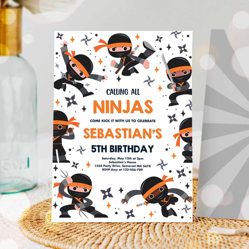 Ninja Kids Birthday, Karate Kids Birthday, Orange Invitation, Warrior Kids Birthday Party, Martial Arts Ninja Party