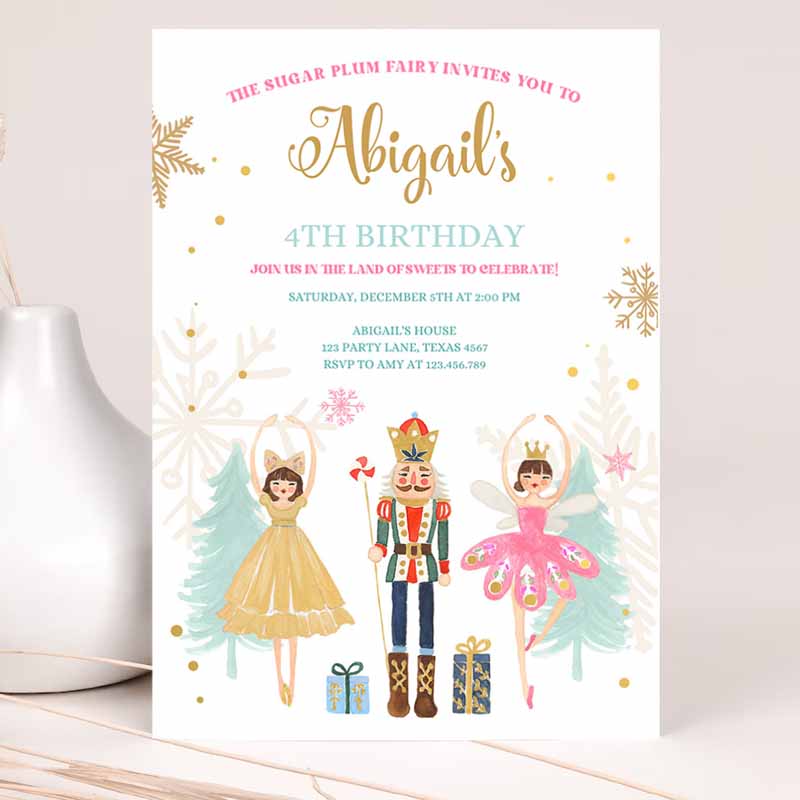 Nutcracker Kids Birthday Invitation, Ballet Christmas Kids Birthday, Invite Pink Girl Sugar Plum Fairy