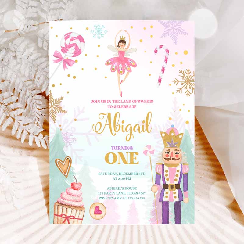 Nutcracker Kids Birthday Invitation, Girl Land of Sweets Invite Winter Pink Girl Sugar Plum Fairy