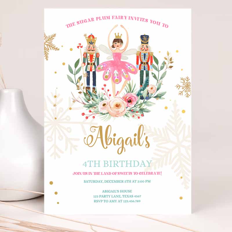 Nutcracker Kids Birthday, Ballet Christmas Kids Birthday, Invite Pink Girl Sugar Plum Fairy