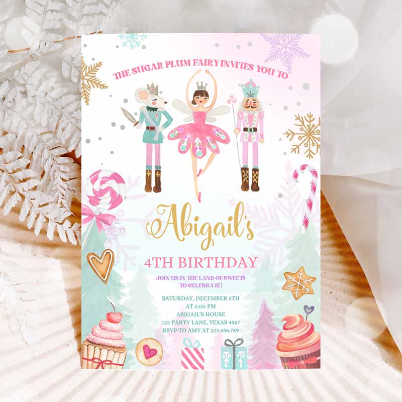 Nutcracker Kids Birthday, Girl Land of Sweets Invite Winter Gold Girl Sugar Plum Fairy