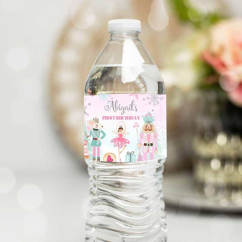 Nutcracker Water Bottle Label Nutcracker Kids Birthday Party, Girl Winter Land of Sweets Silver