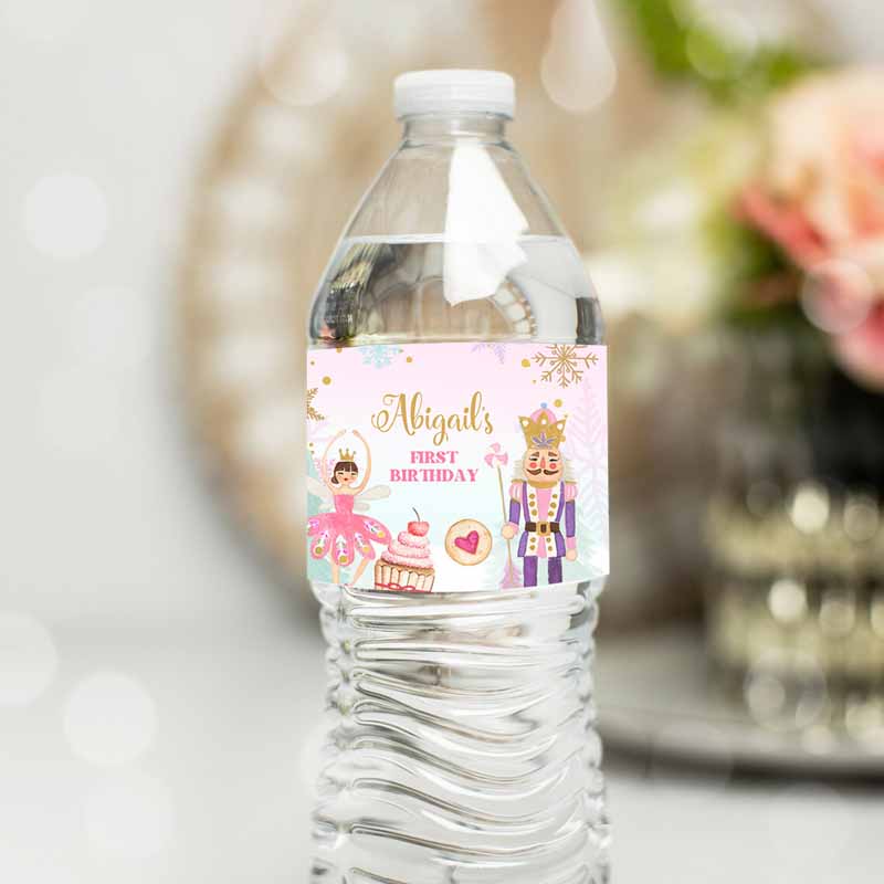 Nutcracker Water Bottle Labels Nutcracker Kids Birthday Party, Girl Winter Land of Sweets Silver