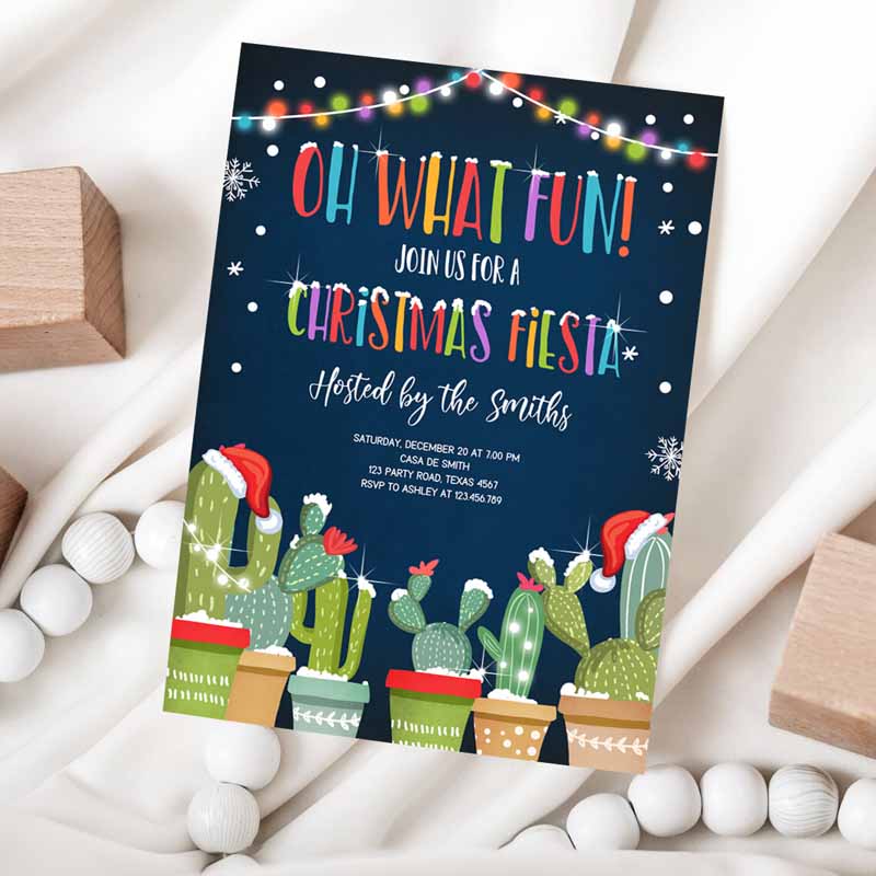 Oh What Fun Christmas Fiesta Invitation, Cactus Mexican Holiday Feliz Navidad