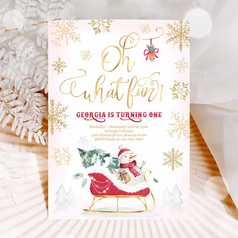 Oh What Fun Winter Kids Birthday Invitation, Red Winter Sleigh Kids Birthday, Christmas Holiday Sleigh Party