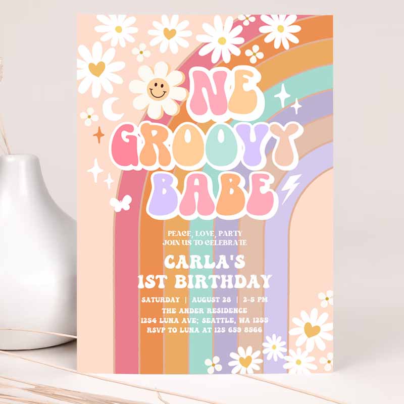 One Groovy Babe Invite Daisy Rainbow Groovy Kids Birthday, Invite Hippie Retro Kids Birthday Invitation