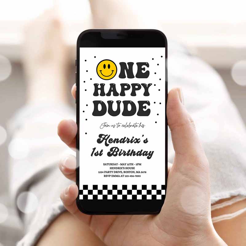 One Happy Dude Kids Birthday, Evite Boy Kids Birthday Invitation, Smiley Face Kids Birthday, Girl Phone