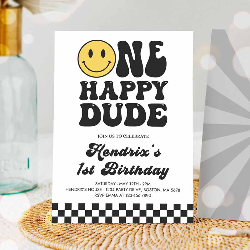 One Happy Dude Kids Birthday Invitation, Smiley Face Kids Birthday Invitation, One Cool Dude Kids Birthday, Hipster Party