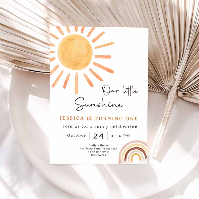 Our Little Sunshine Kids Birthday Invitation, You Are My Sunshine Party, Neutral Boho