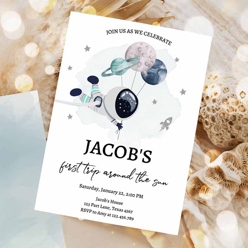 Out of This World Kids Birthday Invitation, Outer Space Planets Rocket Ship Galaxy Astronaut Silver Boy