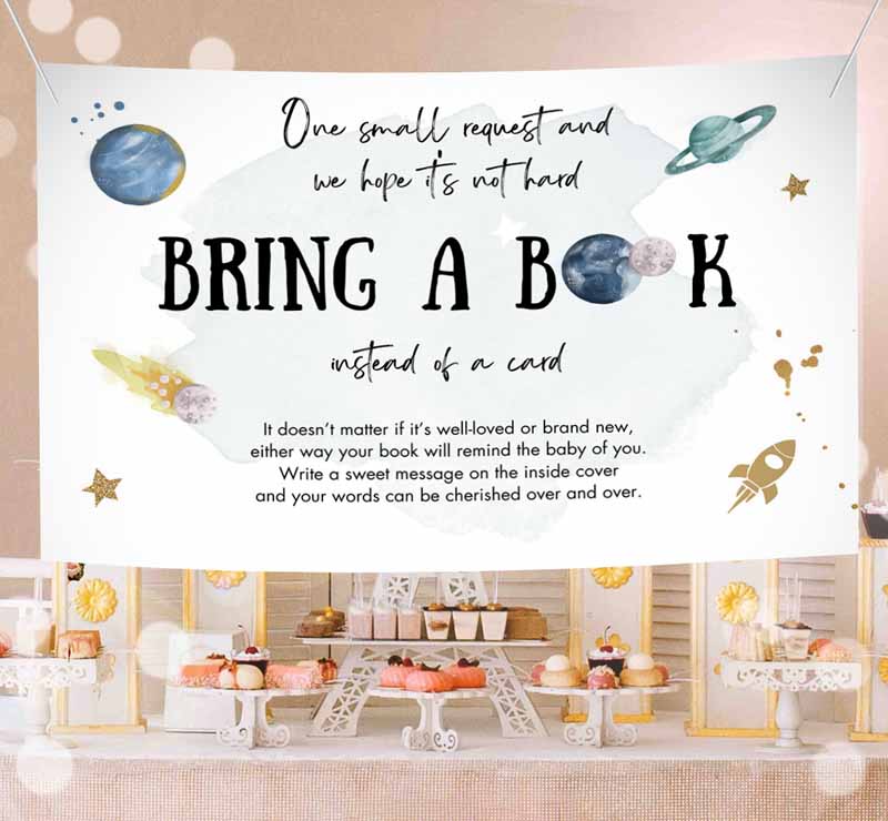 Outer Space Astronaut Bring a Book Card Baby Shower Space Galaxy Watercolor Baby Boy Orange Rocket Book Insert