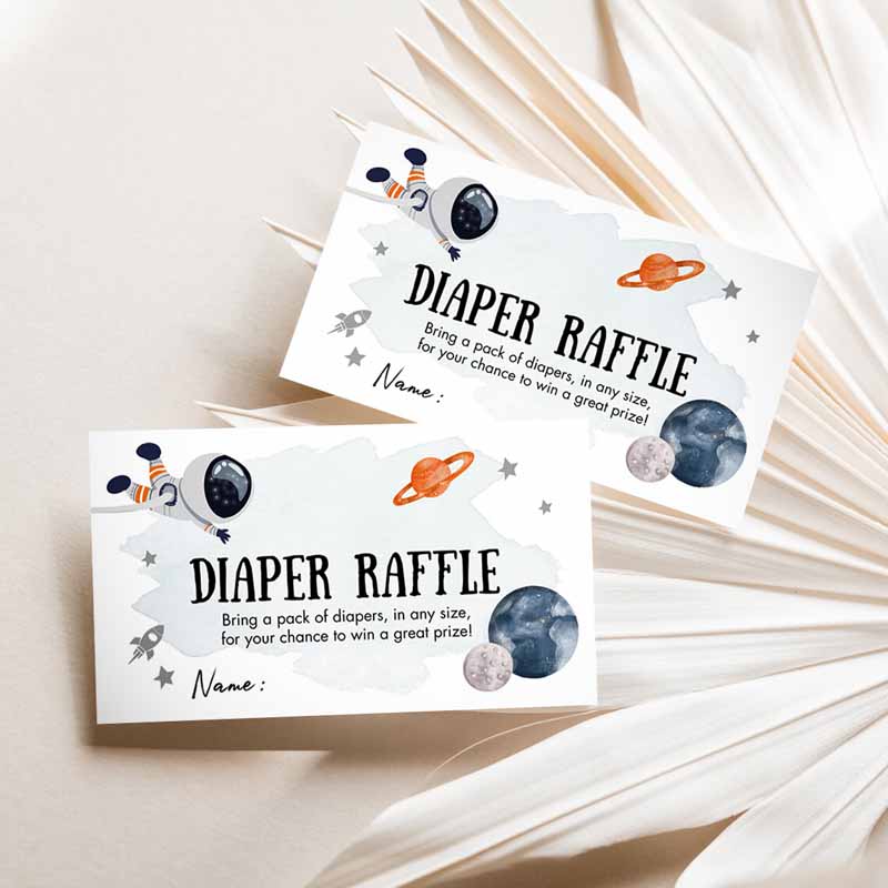 Outer Space Astronaut Diaper Raffle Ticket Baby Shower Orange Planets Galaxy Registry Card Game