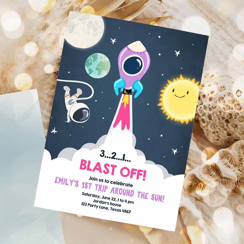 Outer Space Kids Birthday Invitation, Girl Rocket Astronaut Space Ship Blast Off