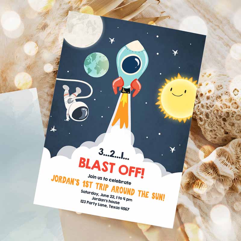 Outer Space Kids Birthday Invitation, Rocket Astronaut Kids Birthday, Space Ship Blast Off