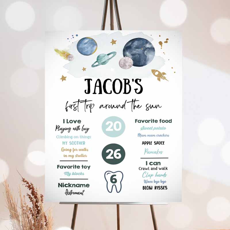 Outer Space Kids Birthday, First Trip Arounde Sun Boy Kids Birthday, Space Galaxy Planets Party Invitation