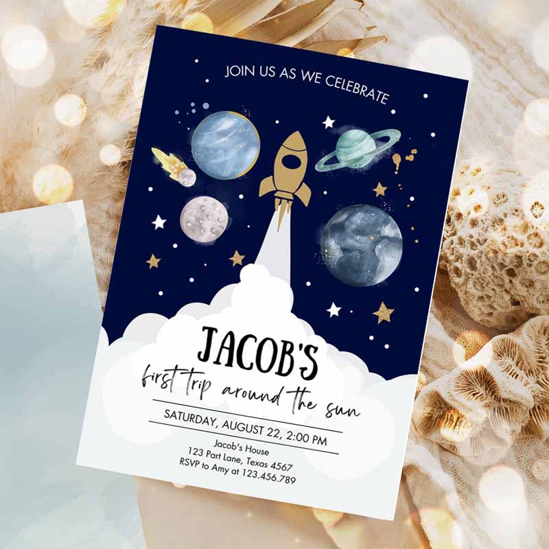 Outer Space First Kids Birthday, Invite Galaxy Blast Off First Trip Arounde Sun Party Invitation