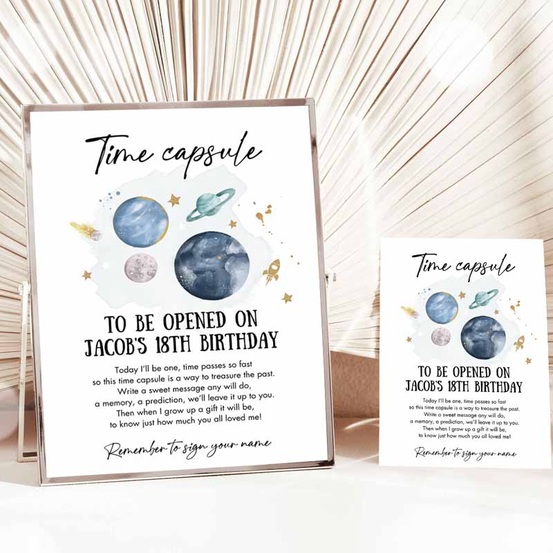 Outer Space Time Capsule First Kids Birthday Party, Astronaut Rocket Space Kids Birthday, Moon Planets Guestbook Party Invitation