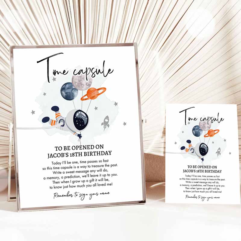 Outer Space Time Capsule First Kids Birthday Party, Astronaut Rocket Space Kids Birthday, Moon Planets Orange Guestbook