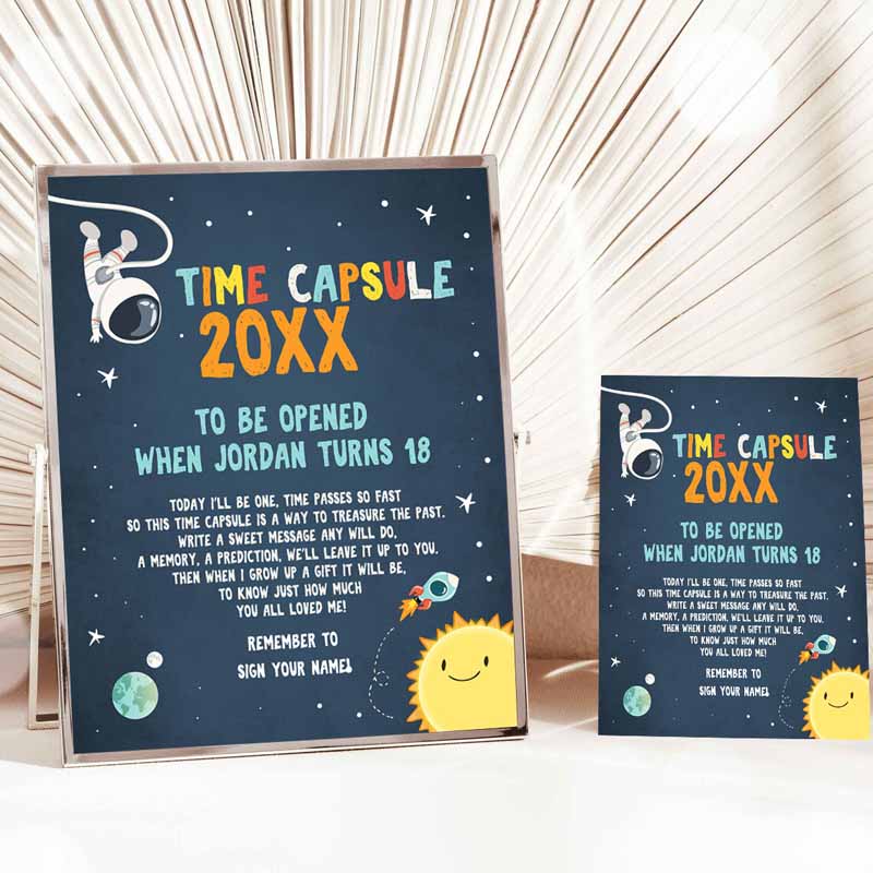 Outer Space Time Capsule First Kids Birthday Party, Astronaut Rocket Space Kids Birthday Party, Boy Guestbook