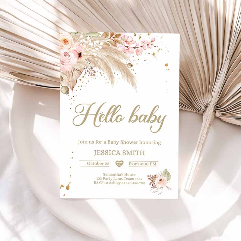 Pampas Grass Baby Shower Invitation, Boho Baby Shower Bohemian Shower Tropical Invitation