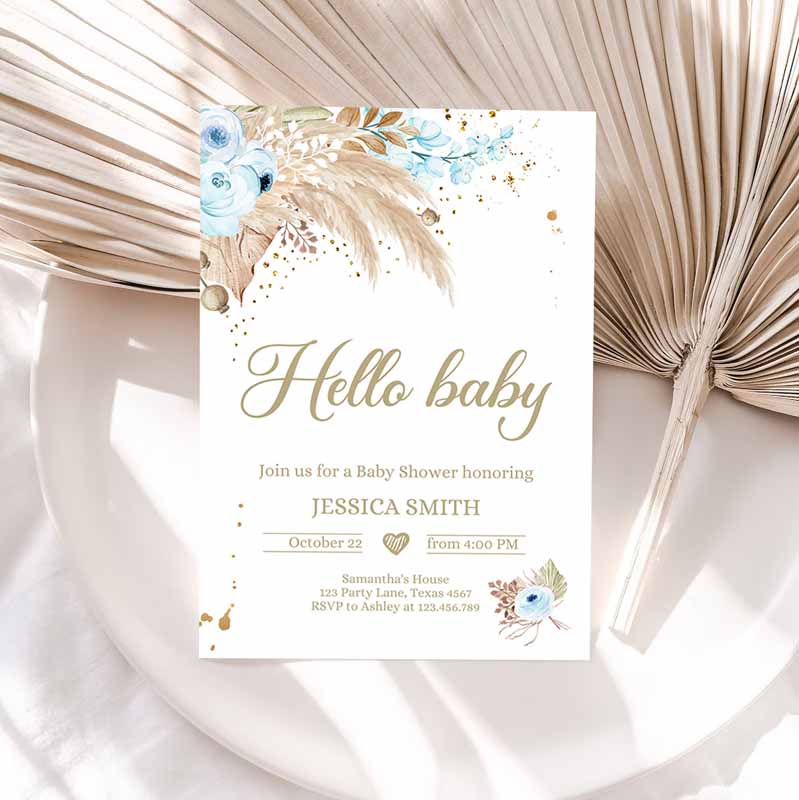 Pampas Grass Baby Shower Invitation, Boho Baby Shower Boy Bohemian Shower Tropical Invitation