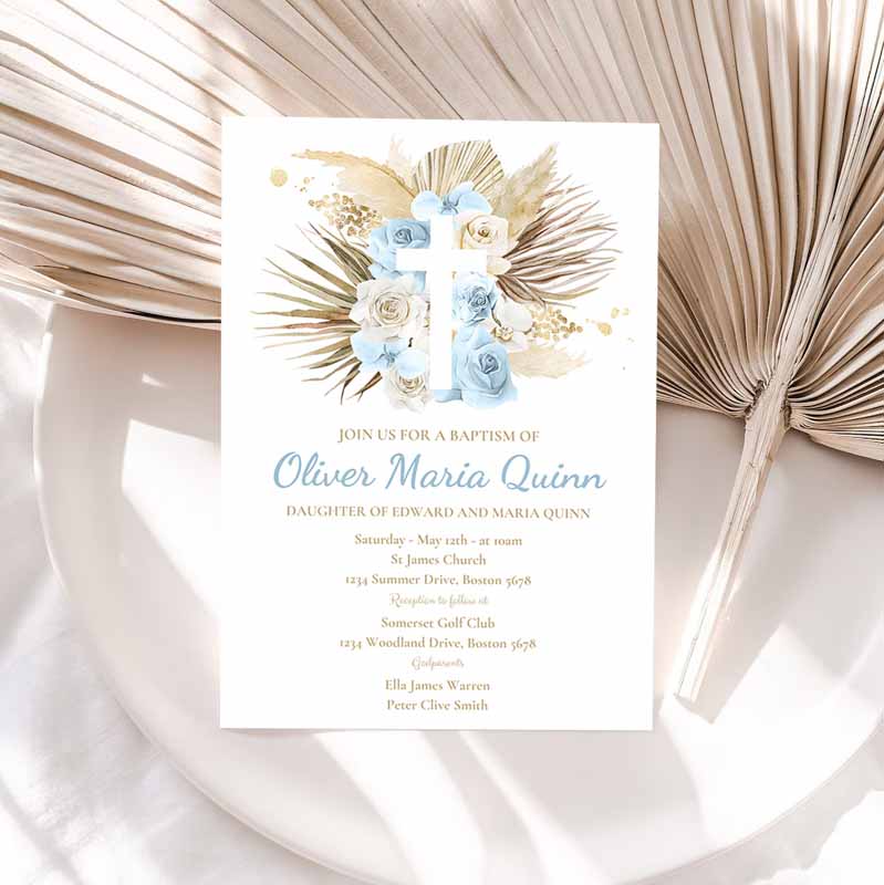 Pampas Grass Baptism Invitation, Bohemian Baptism Invitation, Boho Baptism Christening Communion Invitation