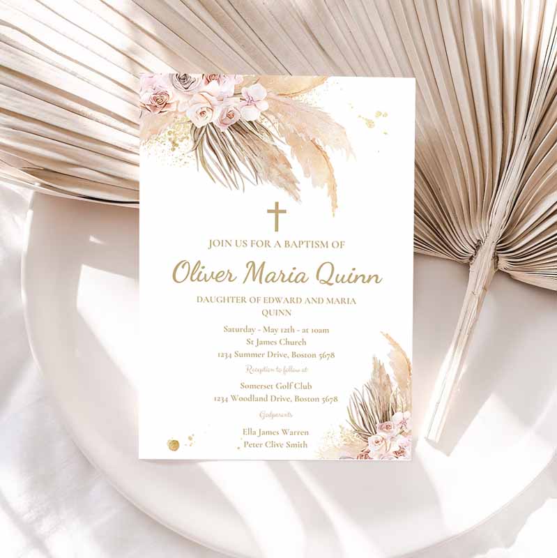 Pampas Grass Baptism Invite Bohemian Baptism Invitation, Boho Baptism Christening Communion Invitation