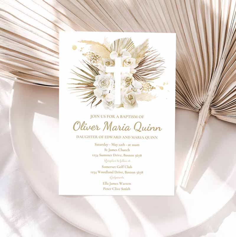 Pampas Grass Baptism Party Invitation, Bohemian Baptism Invitation, Boho Baptism Christening Communion Invitation