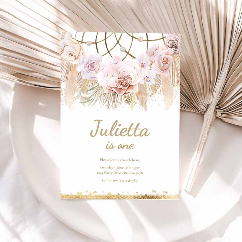 Pampas Grass Boho Kids Birthday Invitation, Bohemian Kids Birthday Party, Muted Tones Boho Dreamcatcher Tropical Party