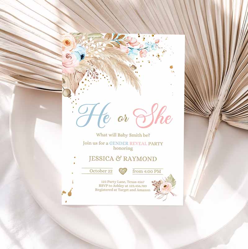 Pampas Grass Gender Reveal Party Invitation, Boho Gender Reveal Bohemian Tropical Desert