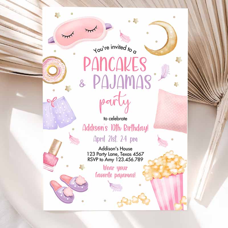 Pancakes and Pajamas Kids Birthday Invitation, Movie Night Party, Girl Pink Teen Tween Slumber Party