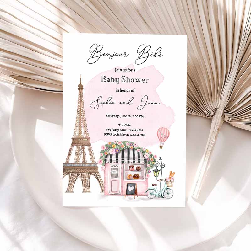 Paris Baby Shower Invitation, Bonjour Bebe French Patisserie Parisian Eiffel Tower Floral Pink