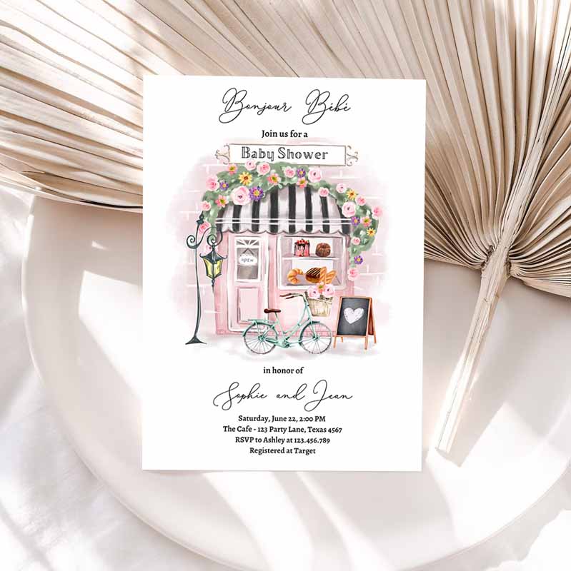 Paris Baby Shower Invitation, Bonjour Bebe French Patisserie Parisian Tea Party, Floral Pink