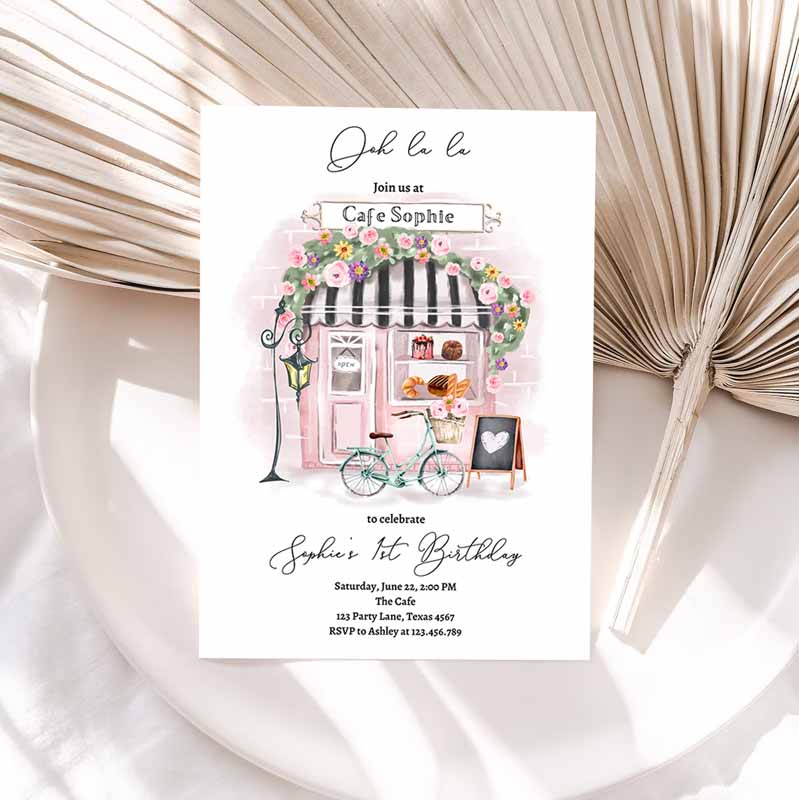 Paris Kids Birthday Invitation, Girl Tea Party, Invite Pink Floral French Parisian Cafe Patisserie