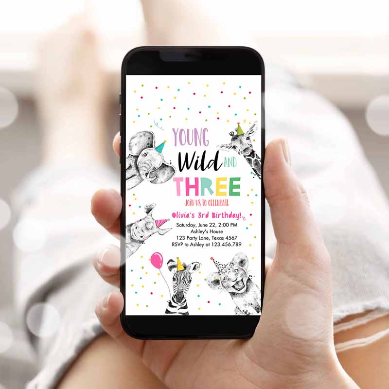 Animals Kids Birthday, Evite Young Wild and Three Invitation, Safari Animals Girl Invite iPhone