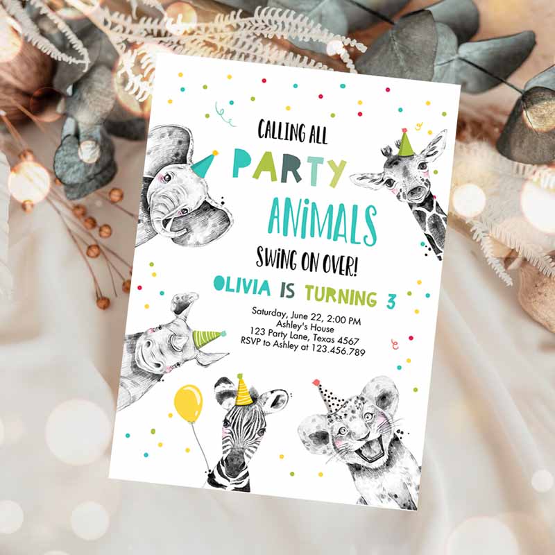 Animals Kids Birthday Invitation, Calling All Animals Zoo Safari Animals Boy Green Neutral