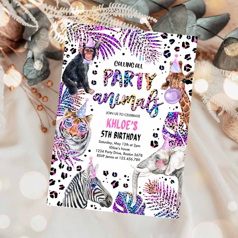 Animals Kids Birthday Invitation, Holographic Rainbow Cheetah Print Safari Animals