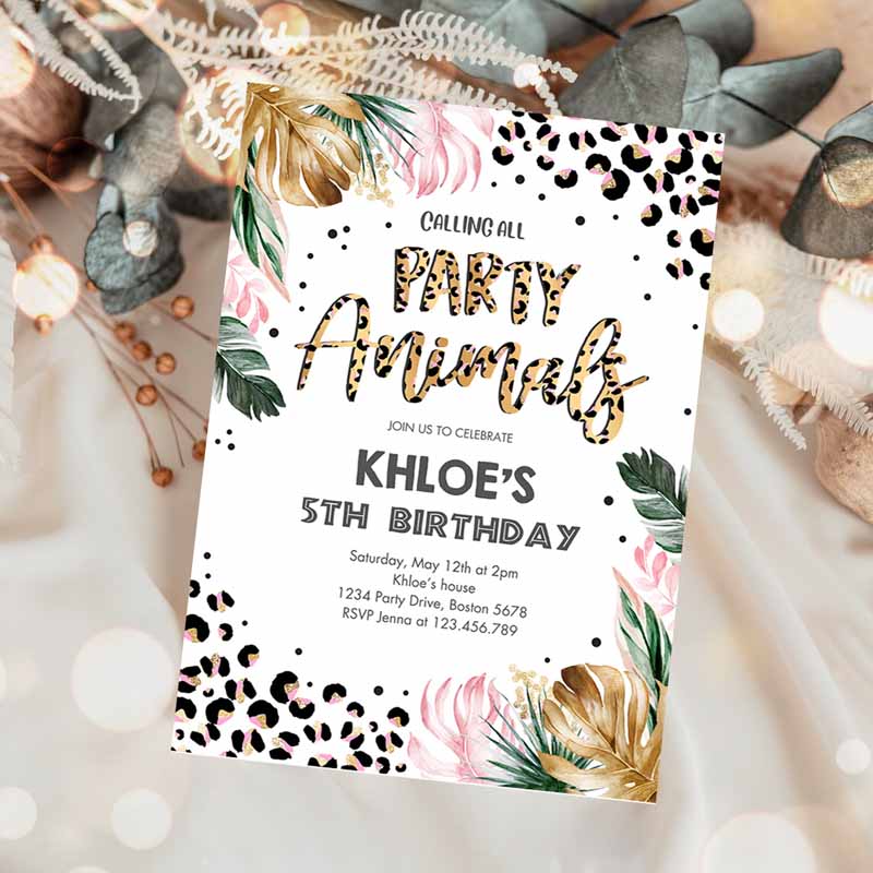 Animals Kids Birthday Invitation, Leopard Print Jungle Kids Birthday Party, Leopard Print Wild One Two Wild Kids Birthday Party