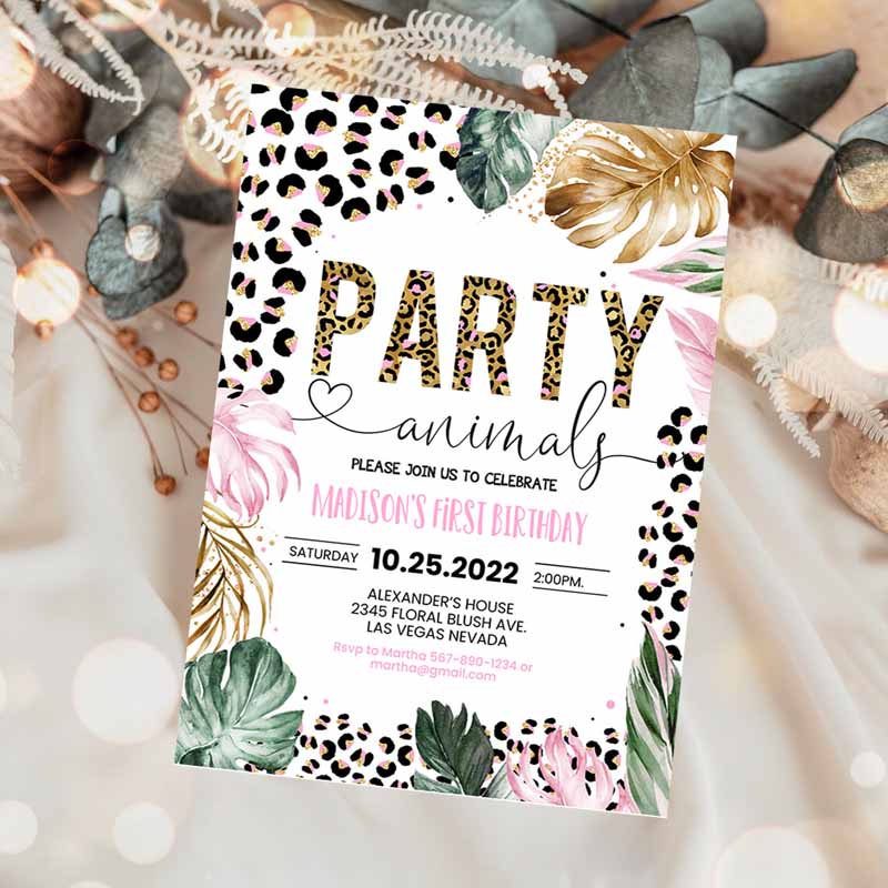 Animals Kids Birthday Invitation, Leopard Print Jungle Kids Birthday Party, Leopard Print Wild One Two Wild