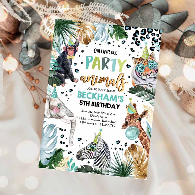 Animals Kids Birthday Invitation, Leopard Print Safari Animals Kids Birthday, Leopard Print Kids Birthday