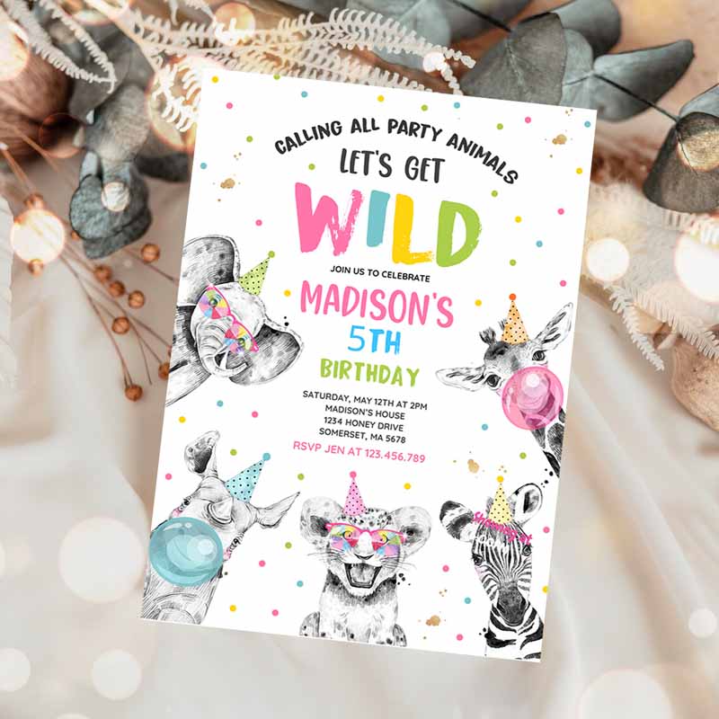 Animals Kids Birthday Invitation, Safari Animals Kids Birthday, Invite Girl SafarI'modern Monochrome Safari Party