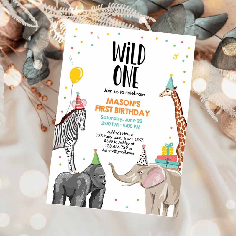 Animals Kids Birthday Invitation, Wild One Animals Invitation, Zoo Safari Animals Boy