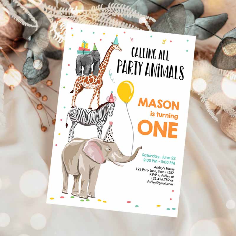 Animals Kids Birthday Invitation, Wild One Animals Invitation, Zoo Safari Animals Boy