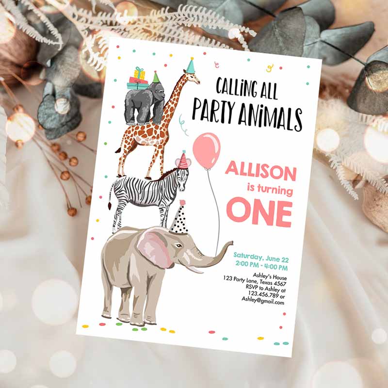 Animals Kids Birthday Invitation, Wild One Animals Invitation, Zoo Safari Animals Girl