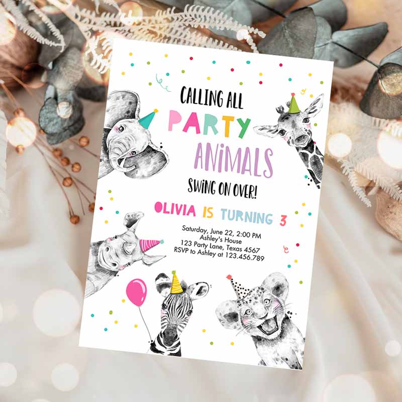 Animals Kids Birthday Invitation, Wild One Animals Invitation, Zoo Safari Animals Girl Invite Template