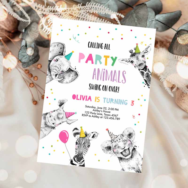 Animals Kids Birthday Invitation, Wild One Animals Invitation, Zoo Safari Animals Girl Party